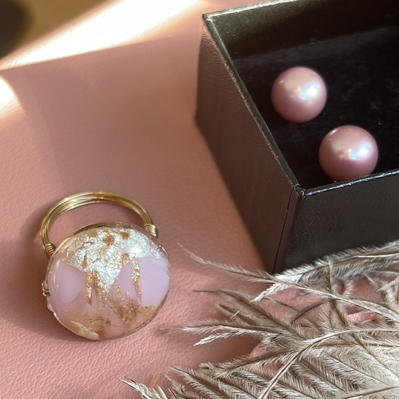 Artisan Jewelry - Pink Pearl Earrings & Glass ring Handmade Artisan Y2K gold